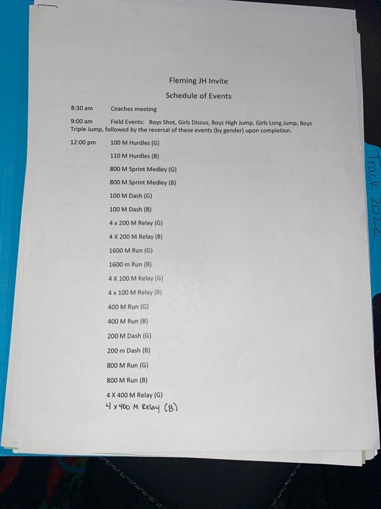 Fleming JH meet event schedule 